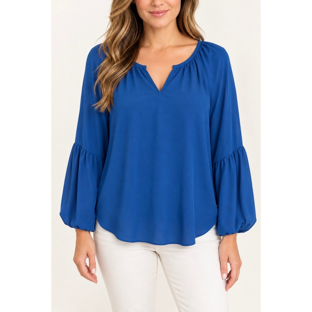 Lilly Pulitzer Blouse Women's Medium Blue Balloon Sleeve V-Neck Top